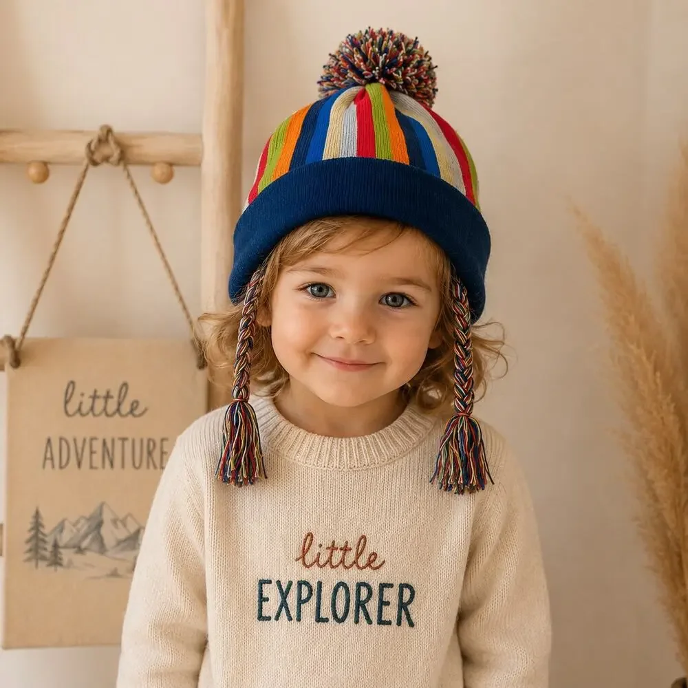 Hanna Anderson Navy Muti Color Pom Pom Winter Hat Small